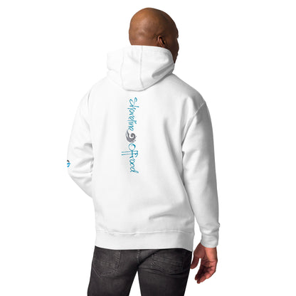 a man wearing a white hoodie with a blue and white design on it