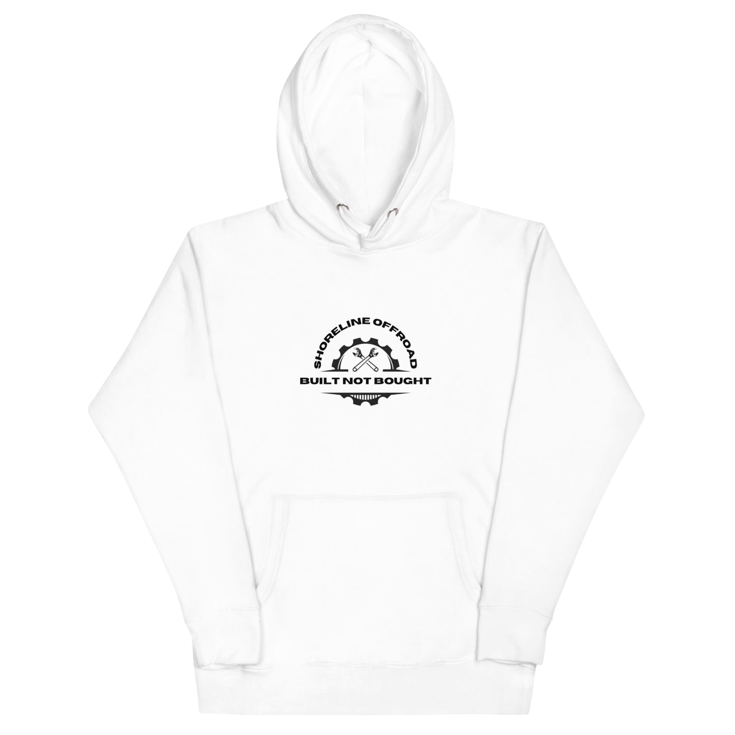 a white hoodie with a black and white logo