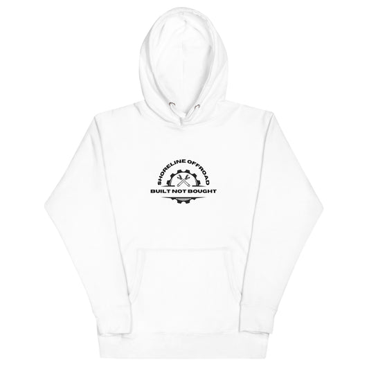 a white hoodie with a black and white logo