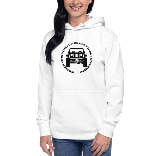 a woman wearing a white hoodie with a jeep on it