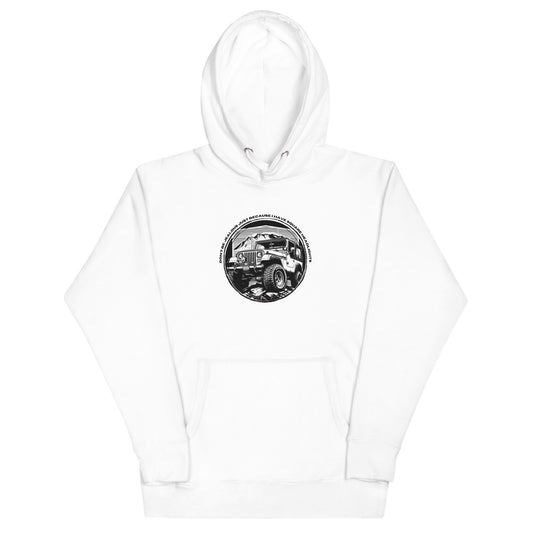 a white hoodie with an image of a truck