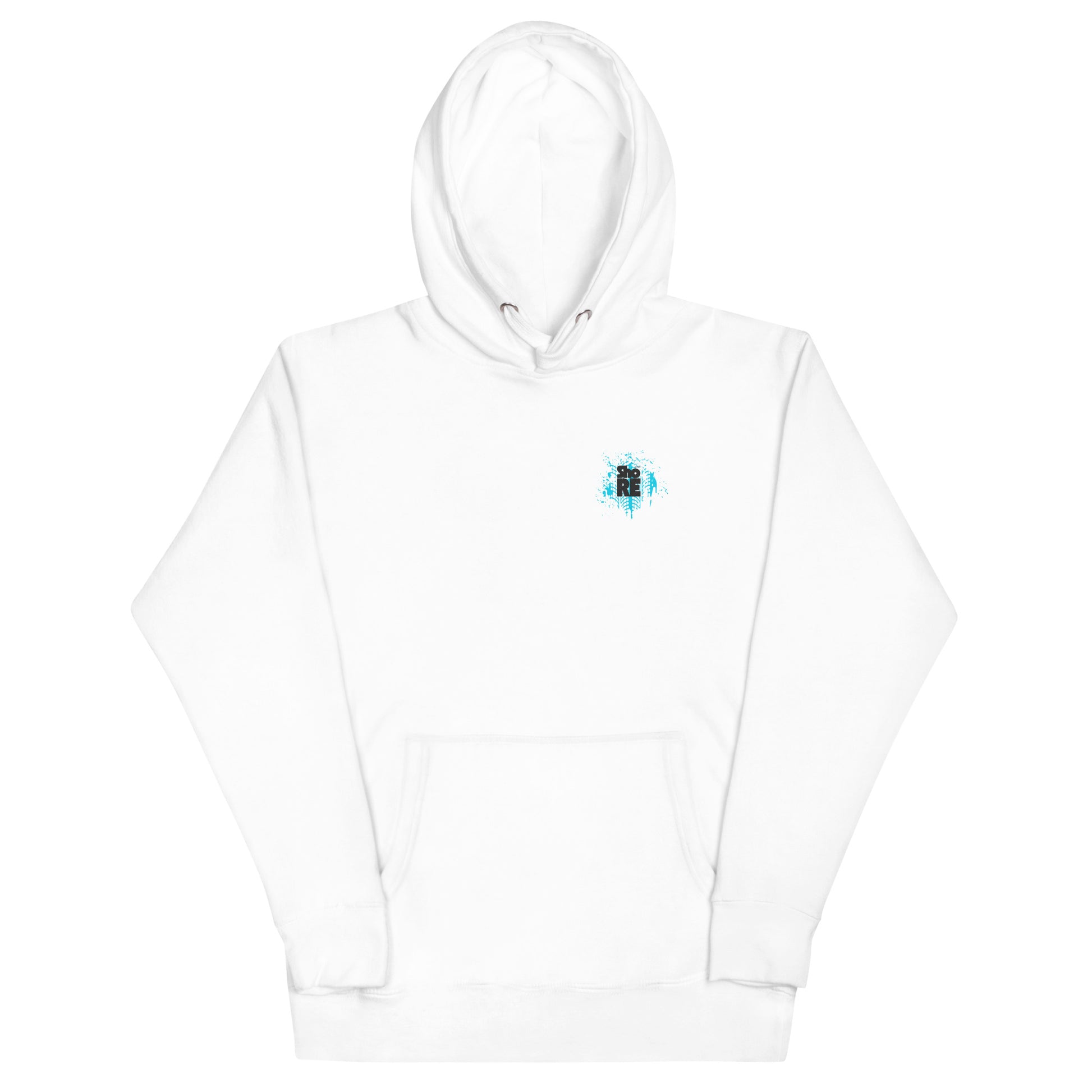 a white hoodie with a blue and black design on it