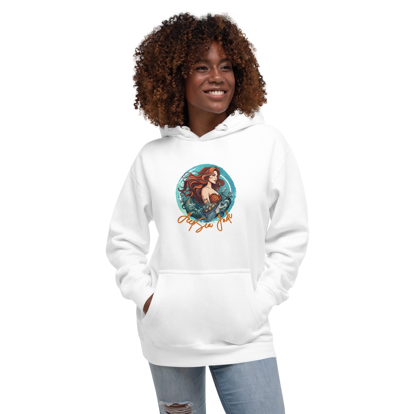 a woman wearing a white hoodie with a picture of a mermaid on it