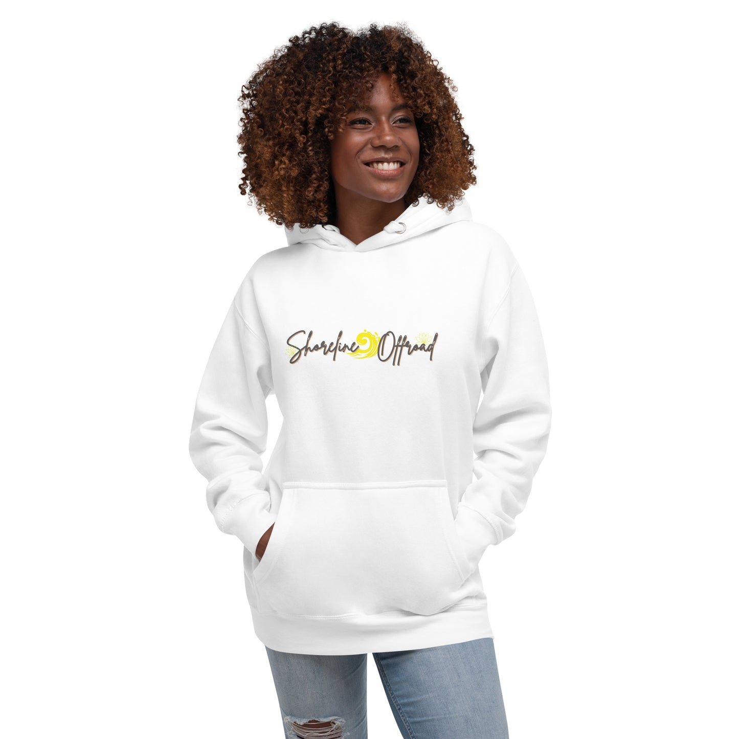 a woman wearing a white hoodie with the words shine on it