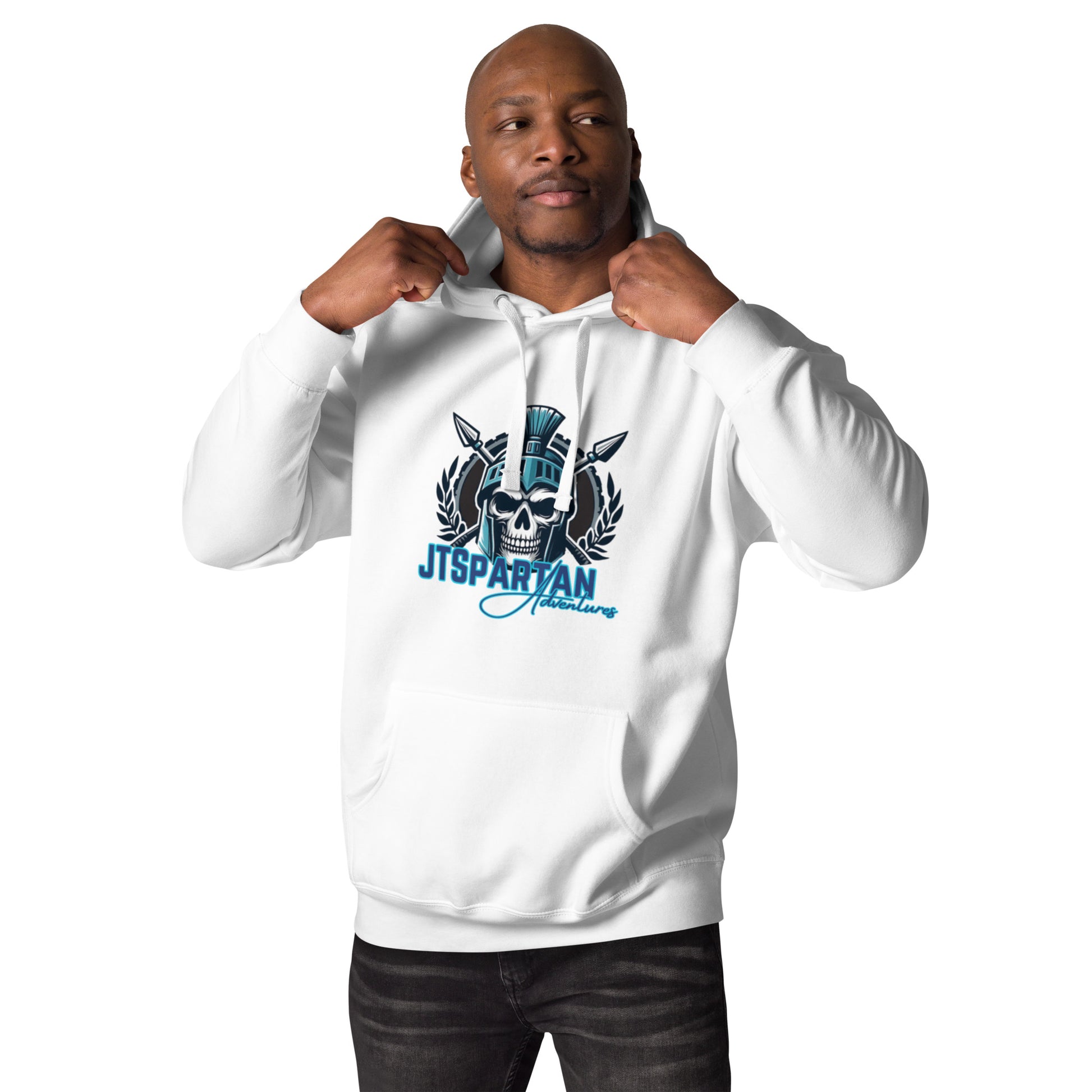 a man in a white hoodie is posing for the camera