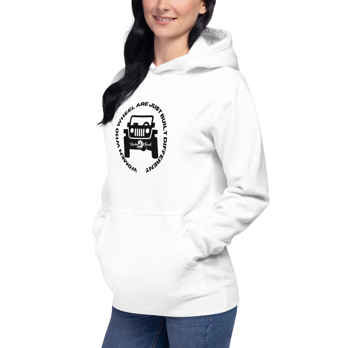 a woman wearing a white hoodie with a tractor on it