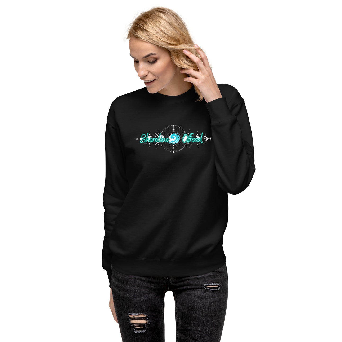 a woman wearing a black sweatshirt with the word love on it