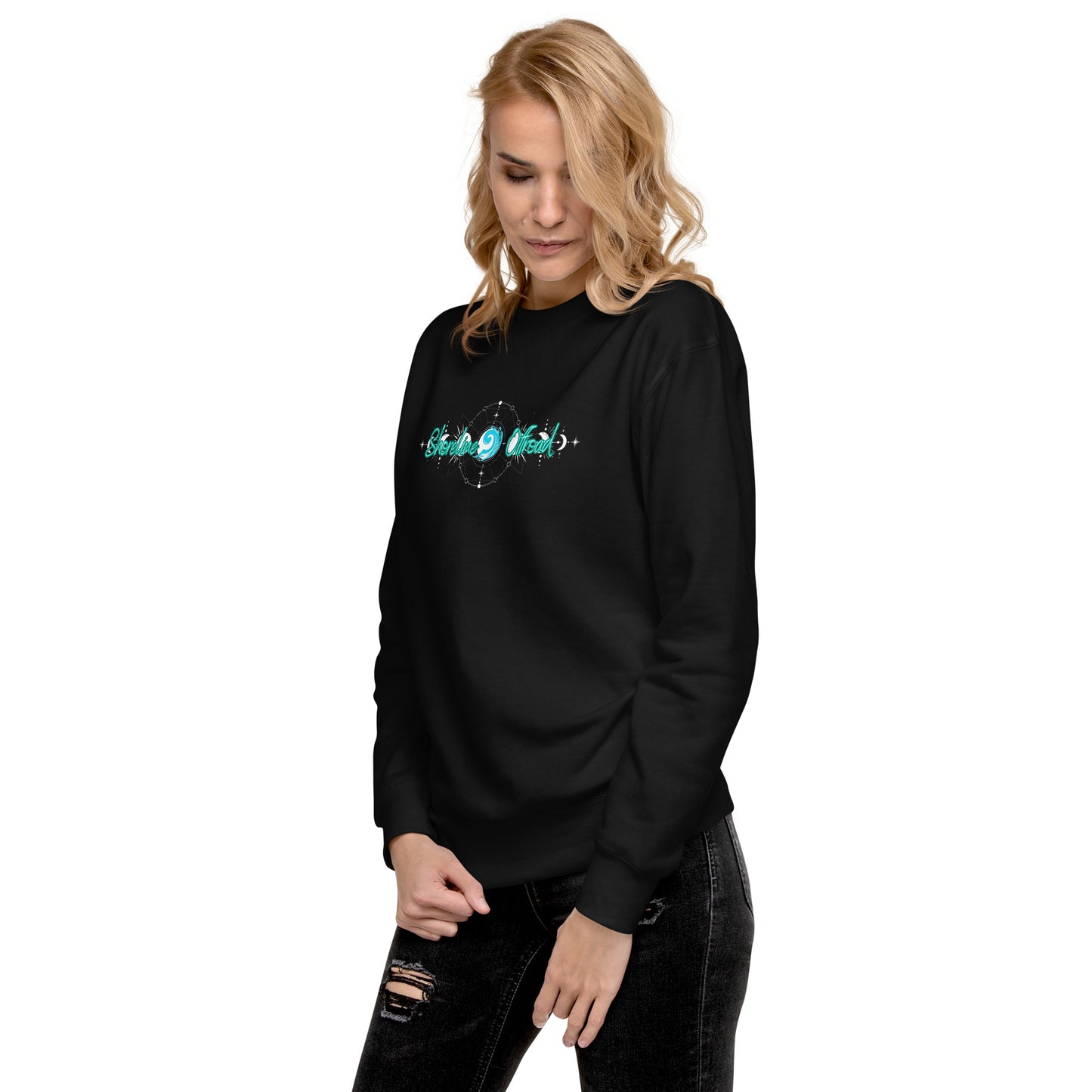 a woman wearing a black sweatshirt with the word love on it