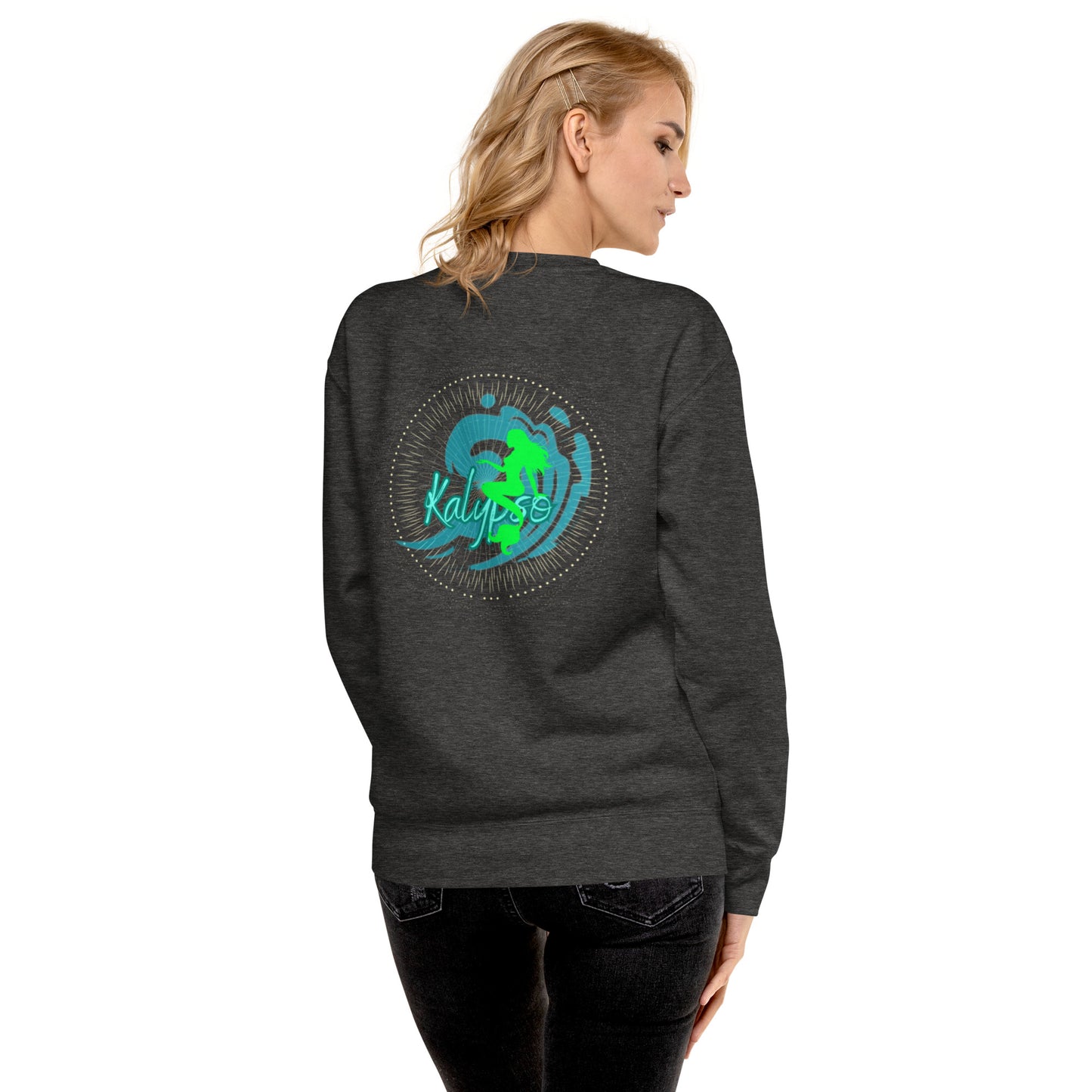 a woman wearing a sweatshirt with a green dragon on it