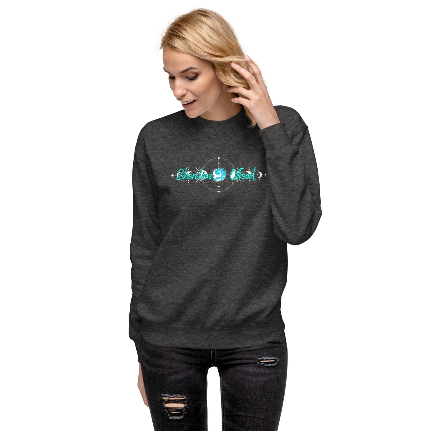 a woman wearing a black sweatshirt with the word love on it