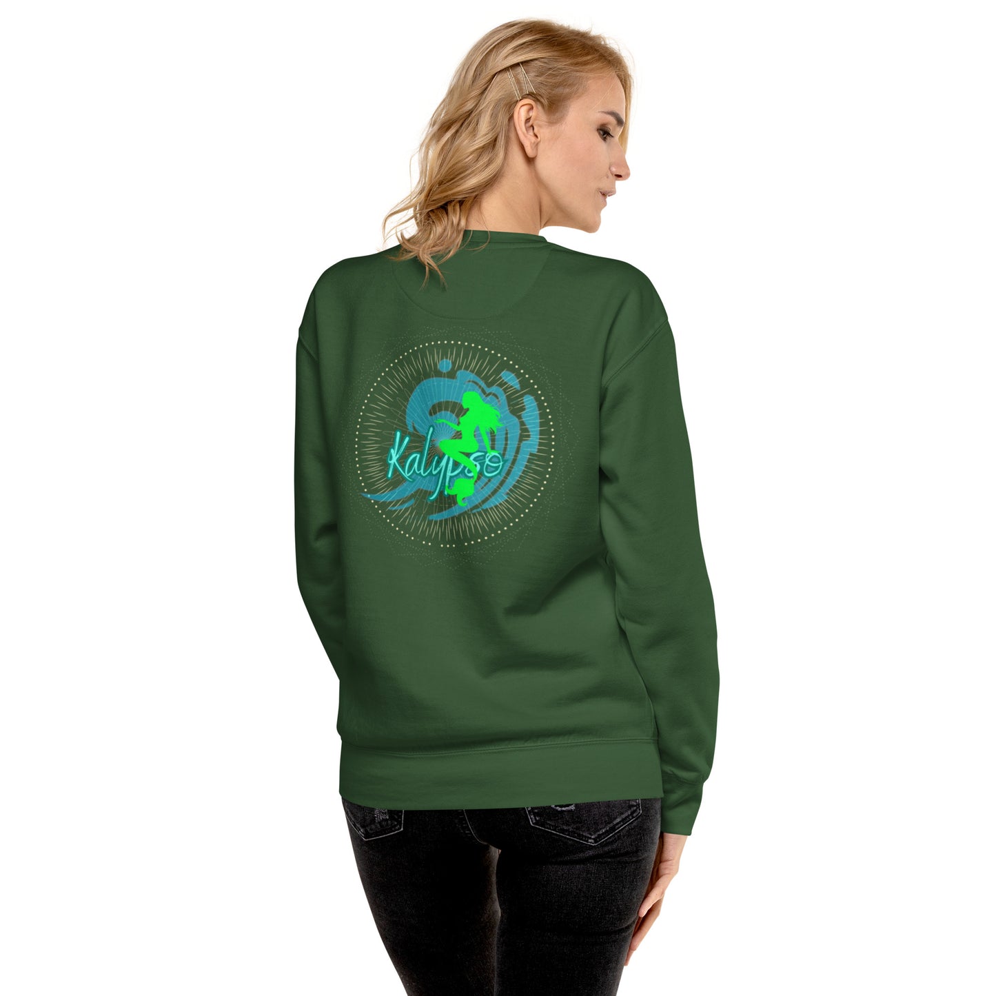 a woman wearing a green sweatshirt with a green turtle on it