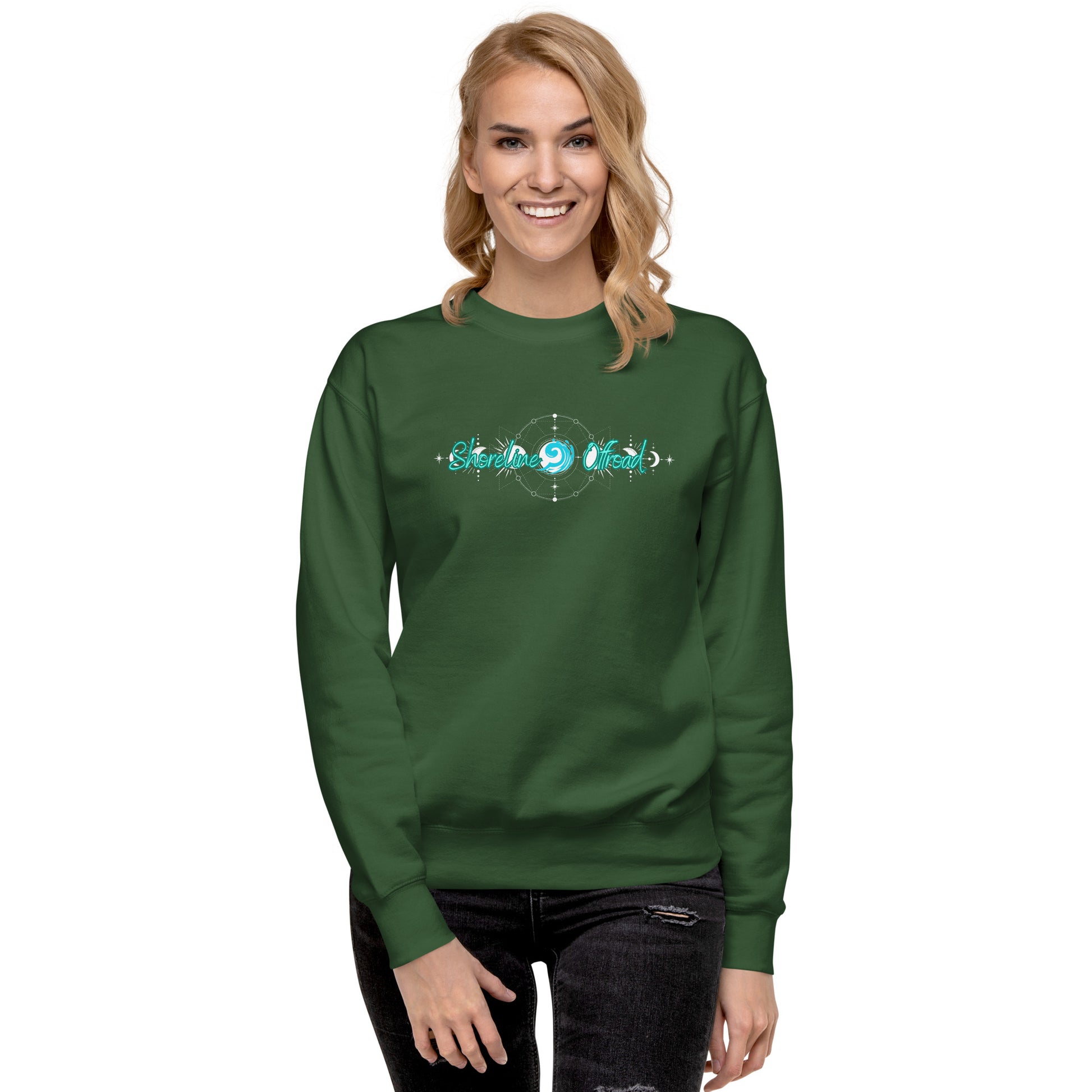 a woman wearing a green sweatshirt with the word love on it