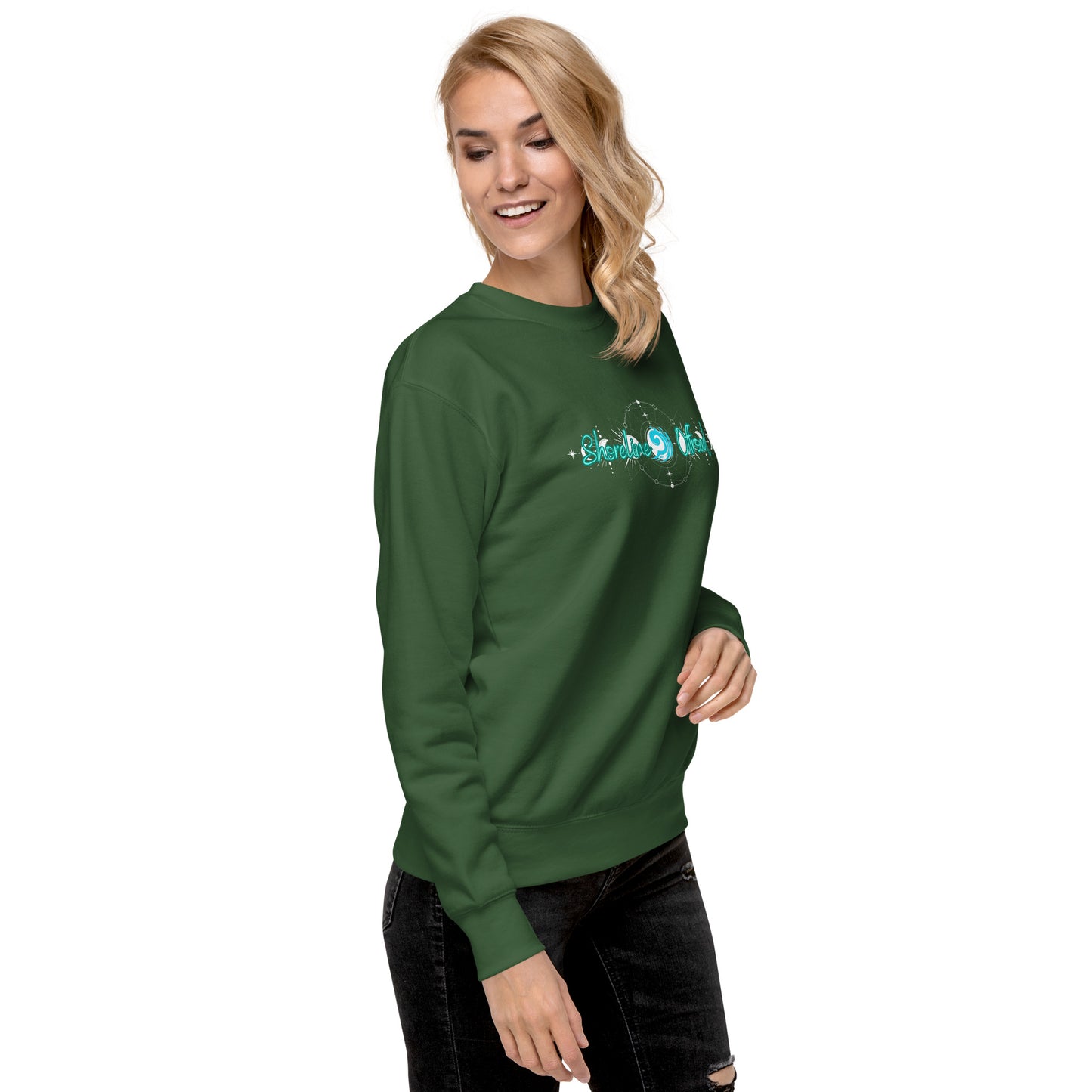 a woman wearing a green sweatshirt with the word love on it