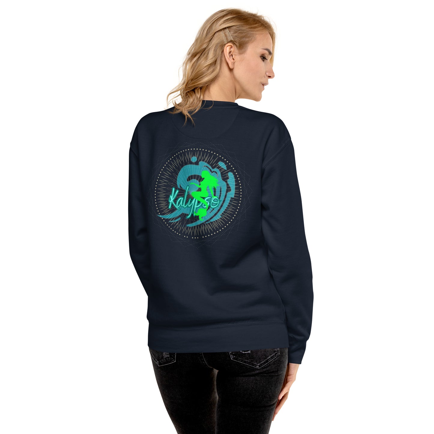 a woman wearing a blue sweatshirt with a green dragon on it