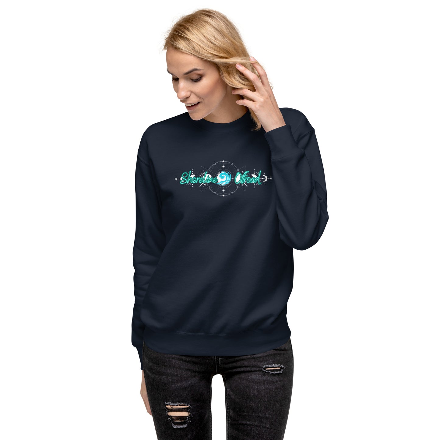 a woman wearing a dark blue sweatshirt with the word love on it