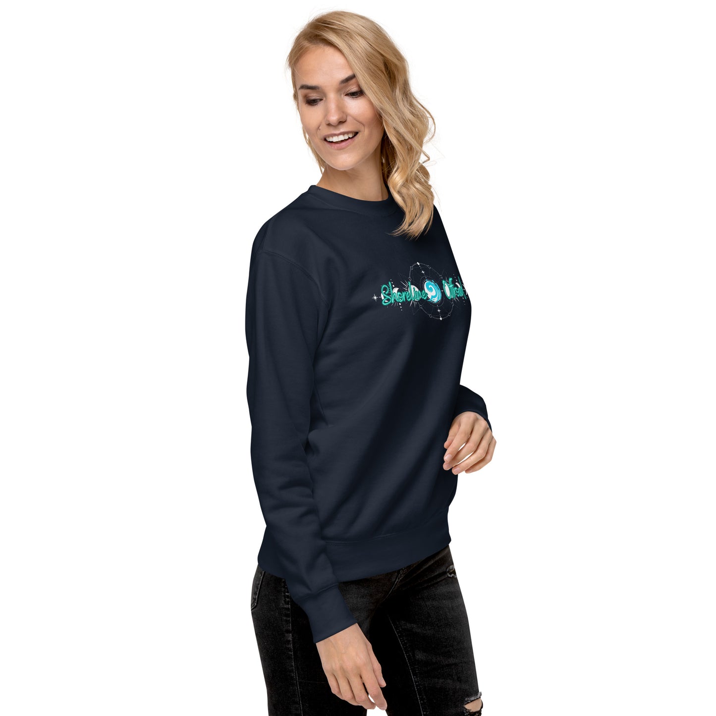 a woman wearing a dark blue sweatshirt with the word mom on it