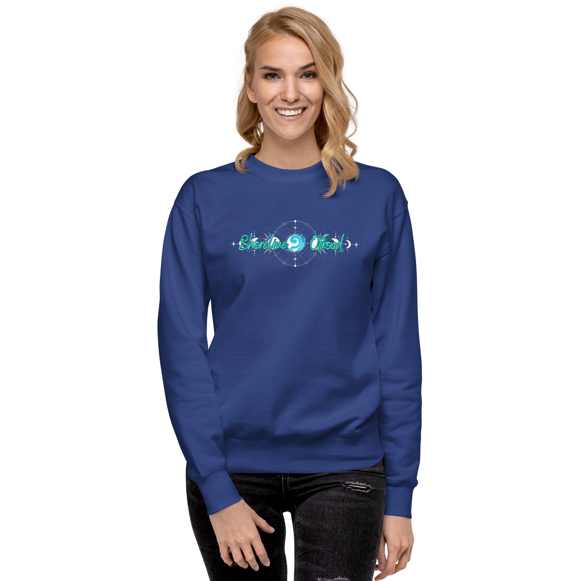 a woman wearing a blue sweatshirt with the word love on it