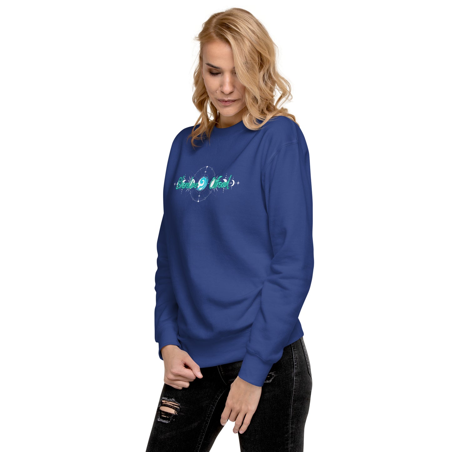 a woman wearing a blue sweatshirt with the word love written on it