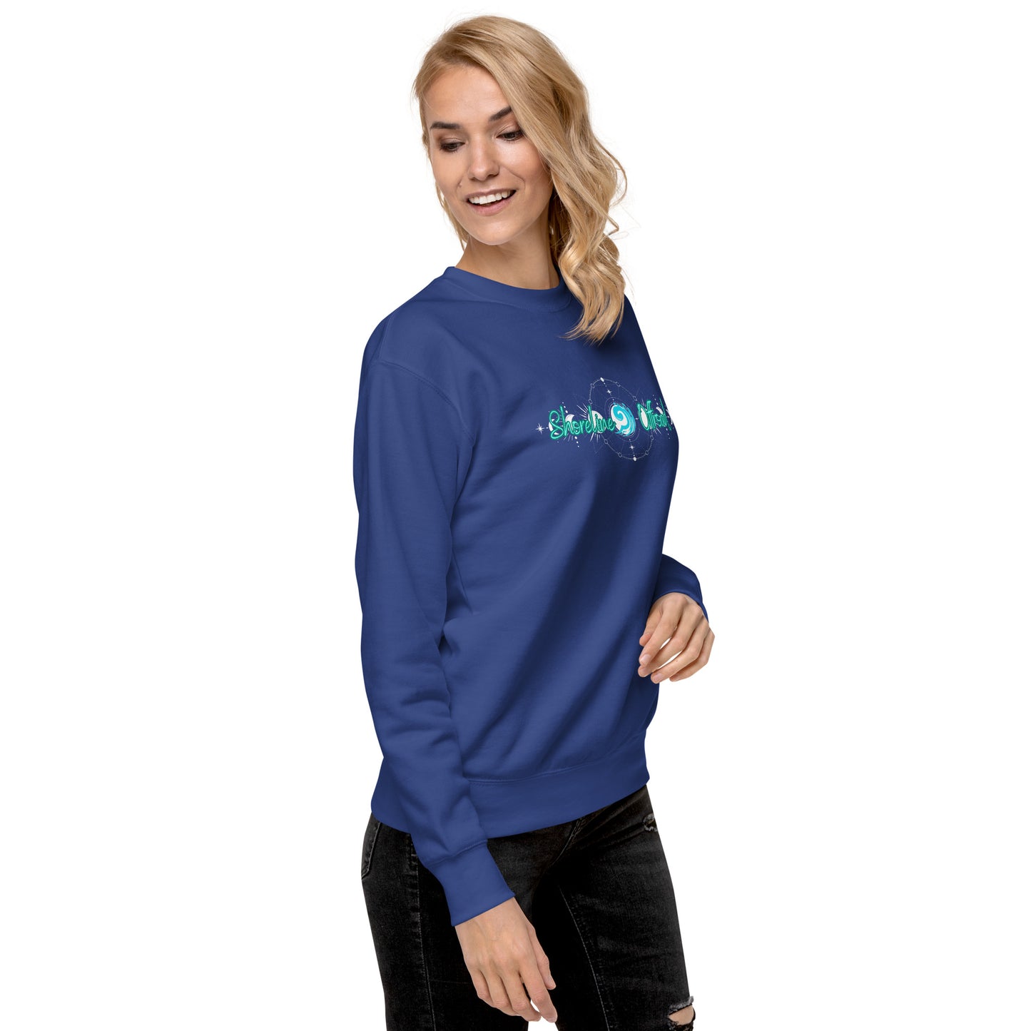 a woman wearing a blue sweatshirt with the word mom on it