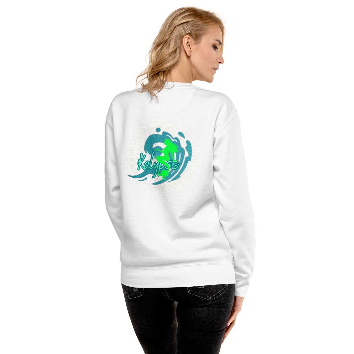 a woman wearing a white sweatshirt with a green turtle on it