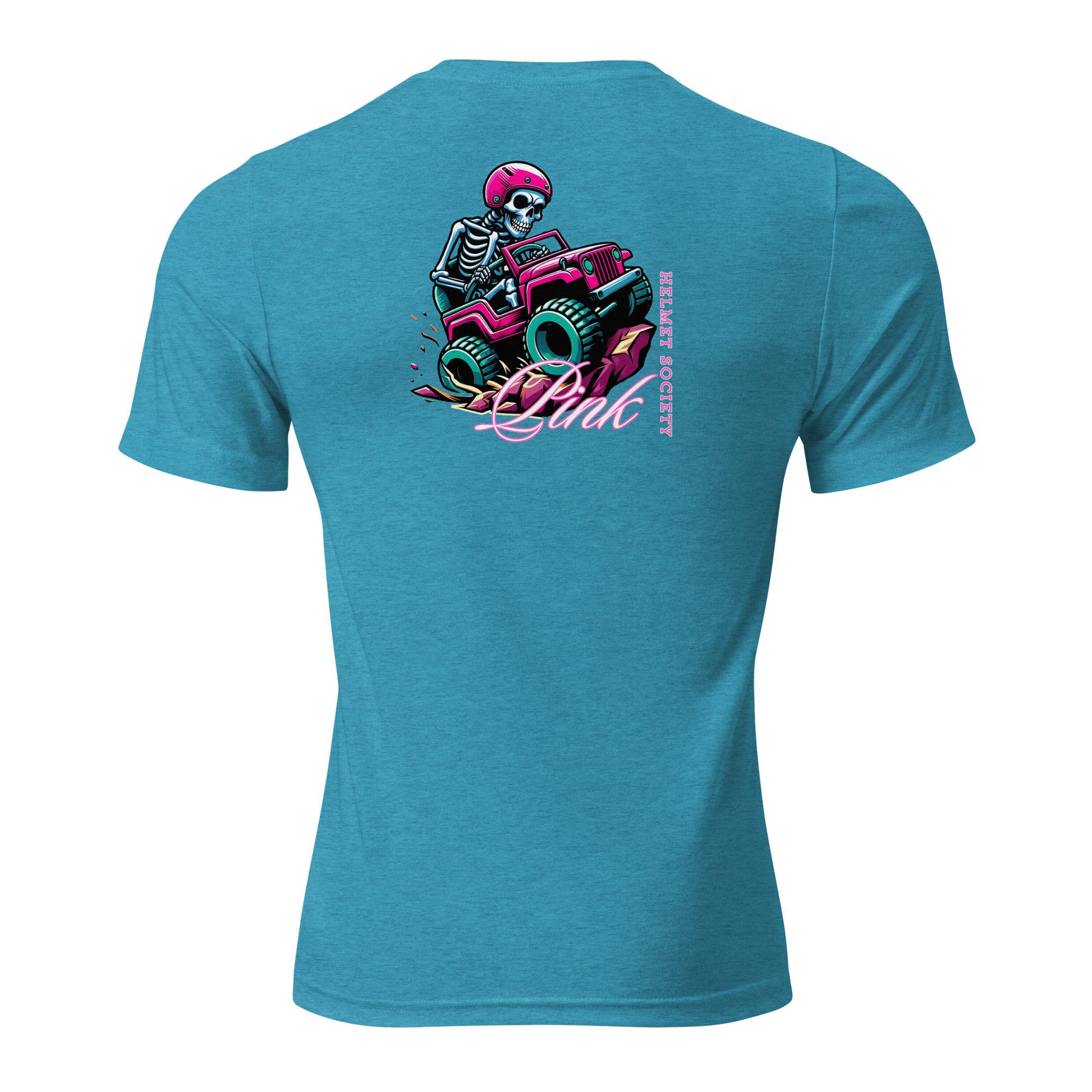 a blue shirt with a skeleton riding a pink atv