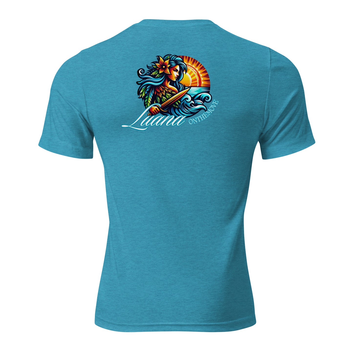 a blue shirt with a picture of a mermaid holding a surfboard