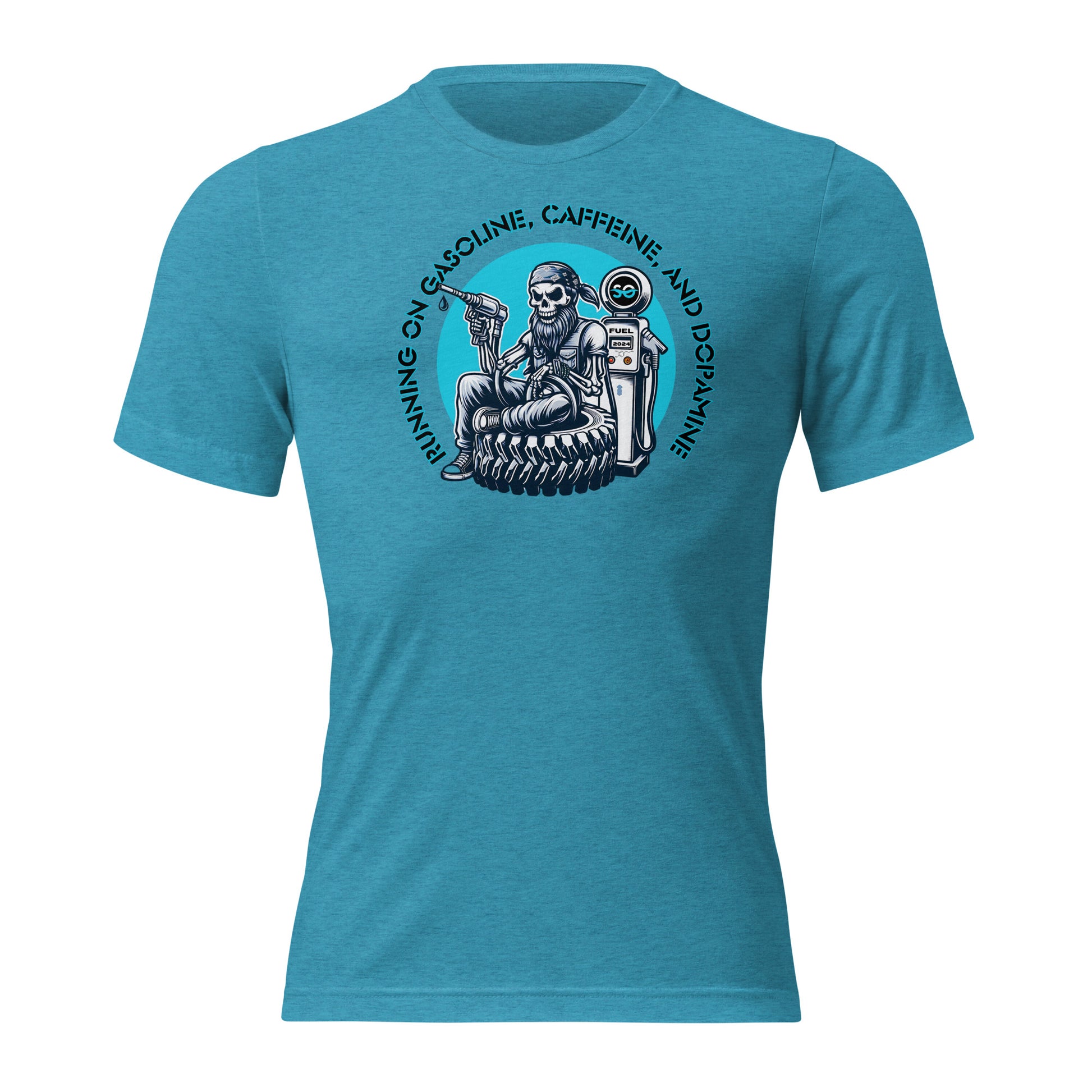 a blue t - shirt with an image of a man on a motorcycle