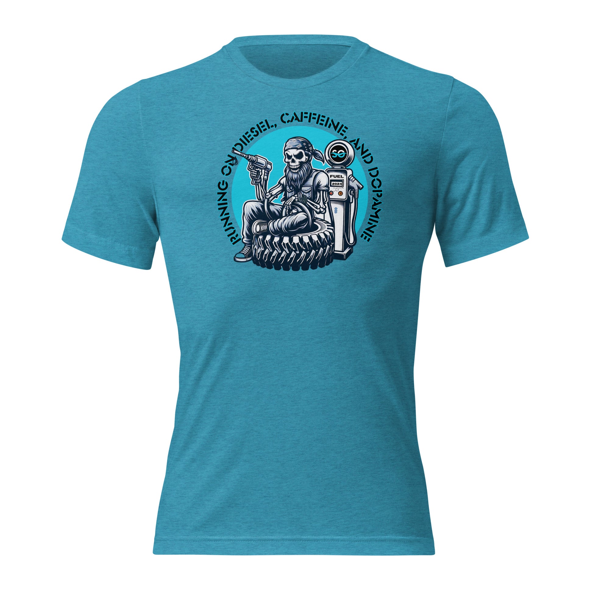 a blue t - shirt with a skeleton sitting on a motorcycle