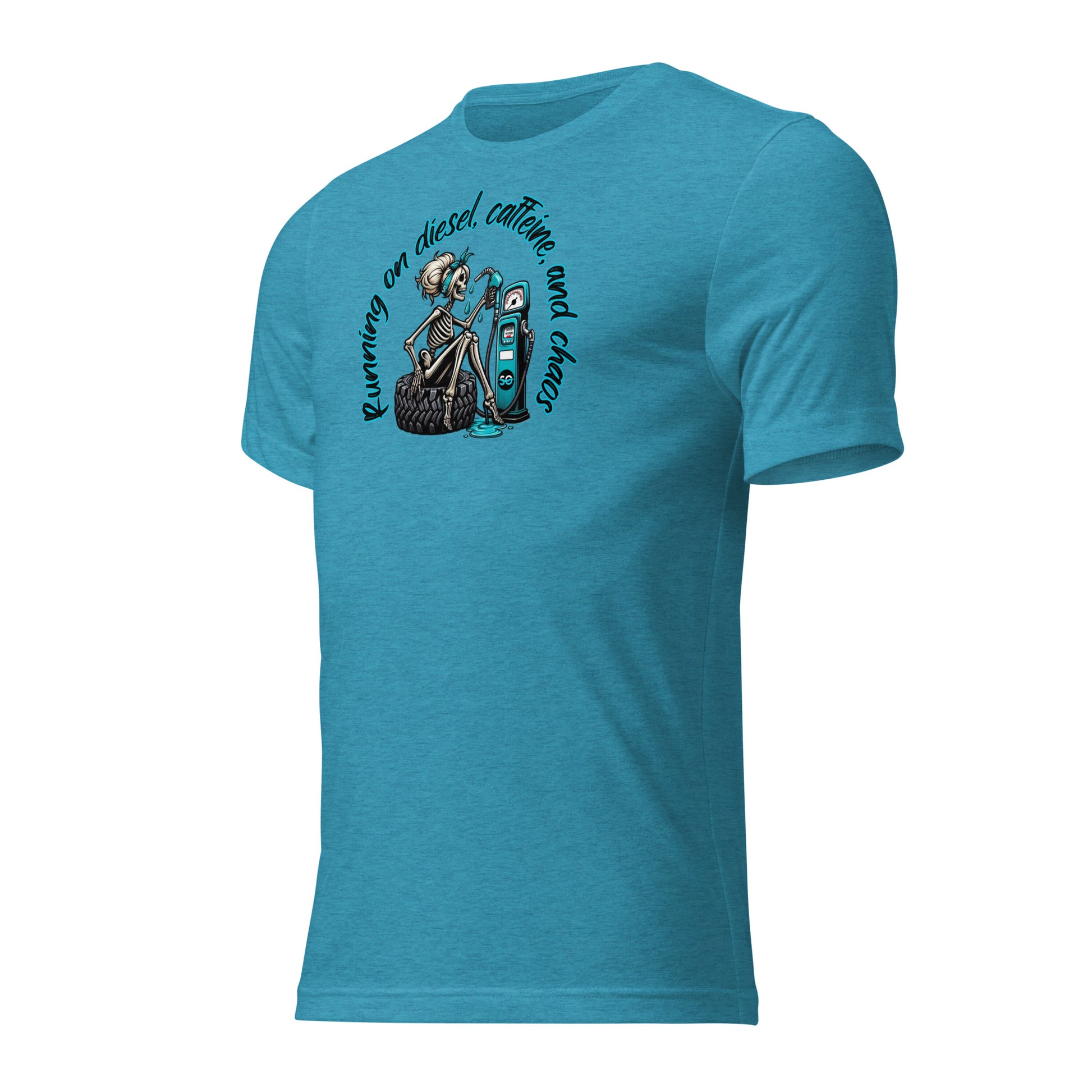 a blue t - shirt with an image of a skeleton holding a guitar