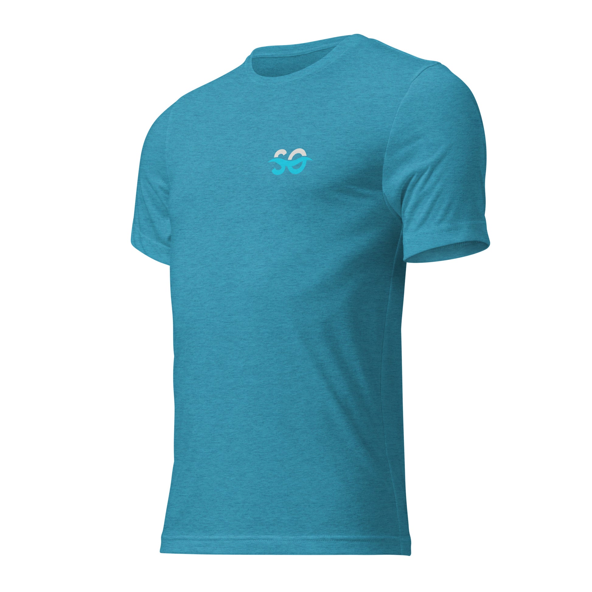 a blue t - shirt with a white logo on the chest