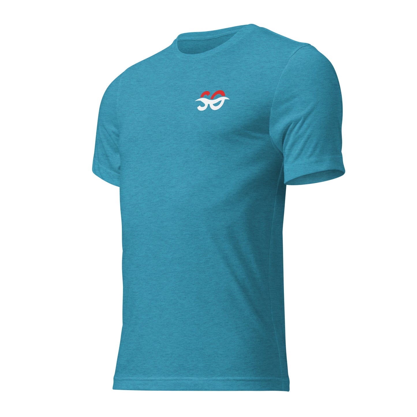 a blue t - shirt with a red and white logo