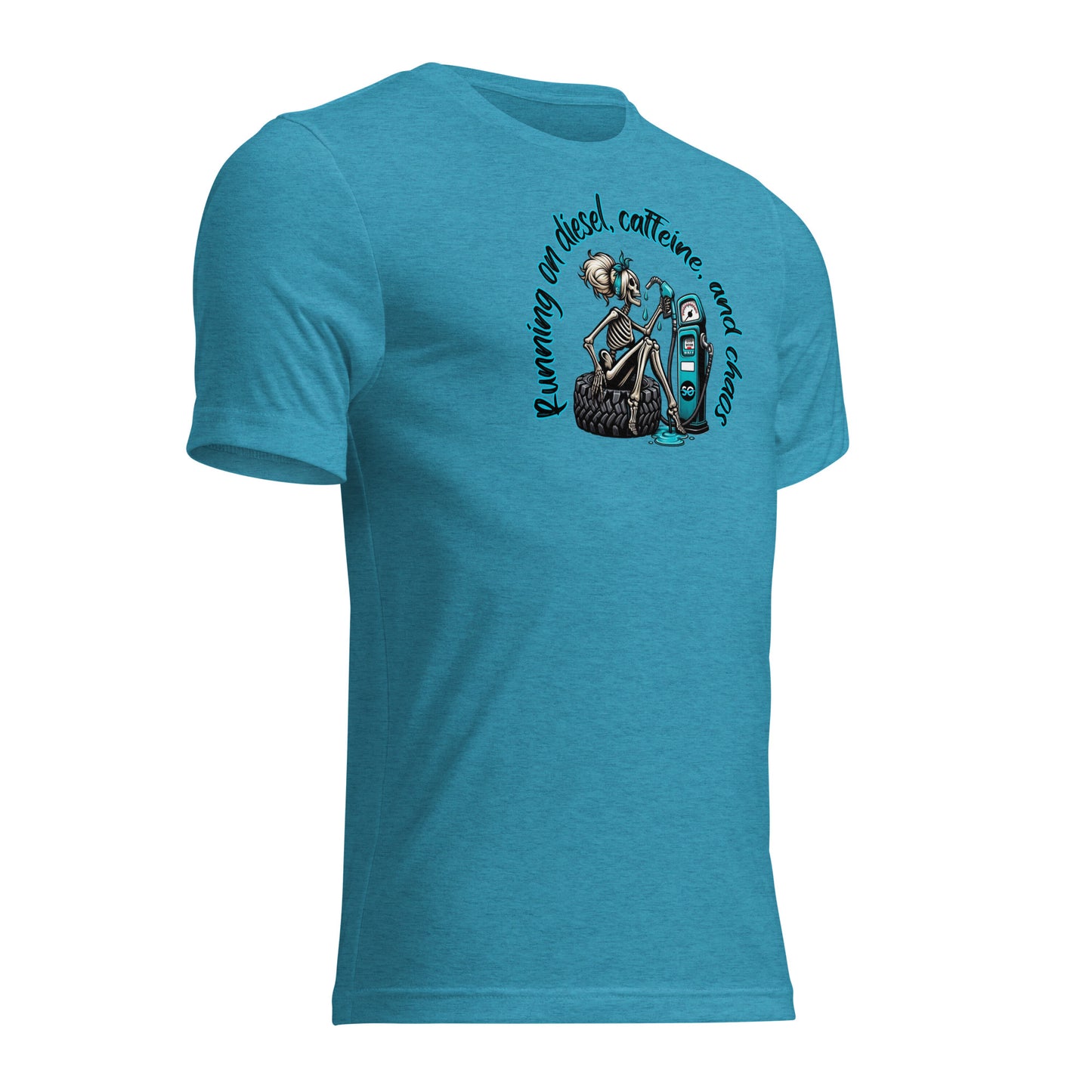 a blue t - shirt with an image of a skeleton and a woman