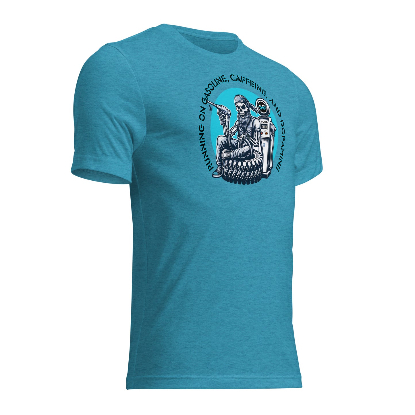 a blue t - shirt with an image of a skeleton riding a motorcycle