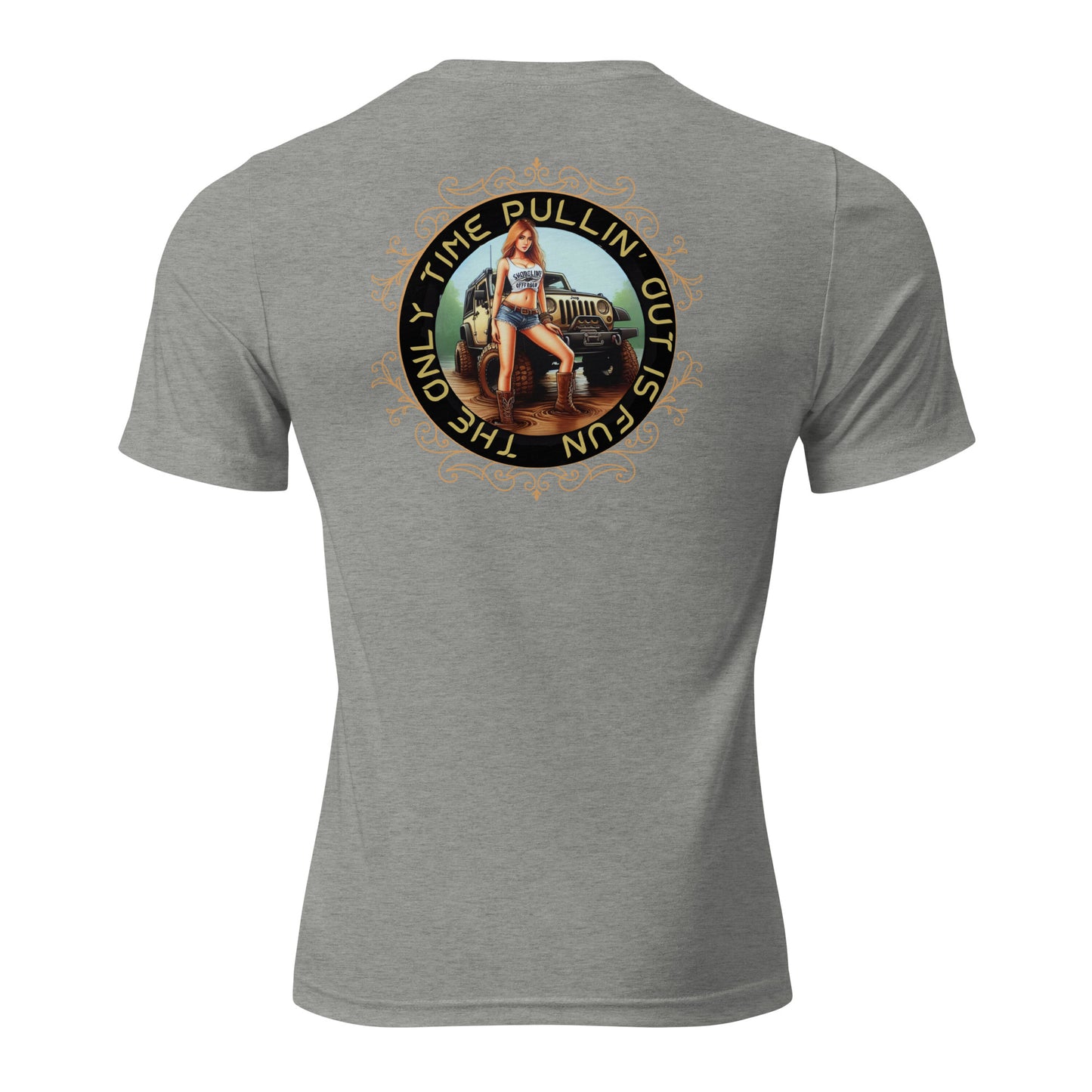 a grey t - shirt with a picture of a woman sitting on top of a