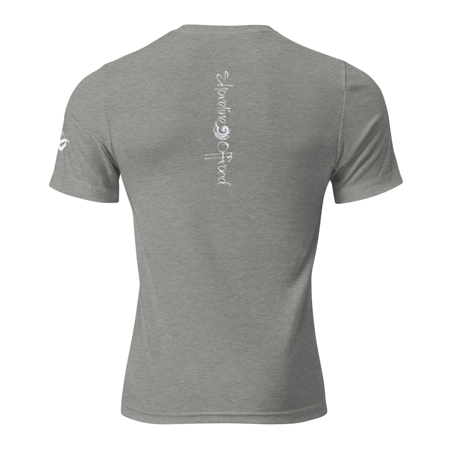 the back of a grey shirt with white writing on it