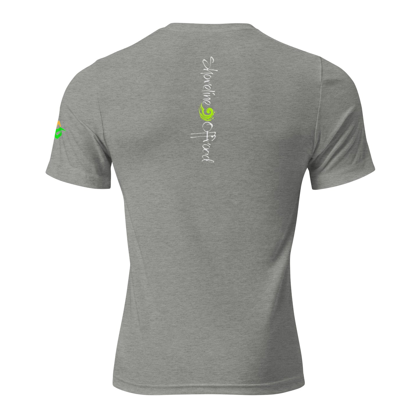 the back of a grey shirt with a green apple on it