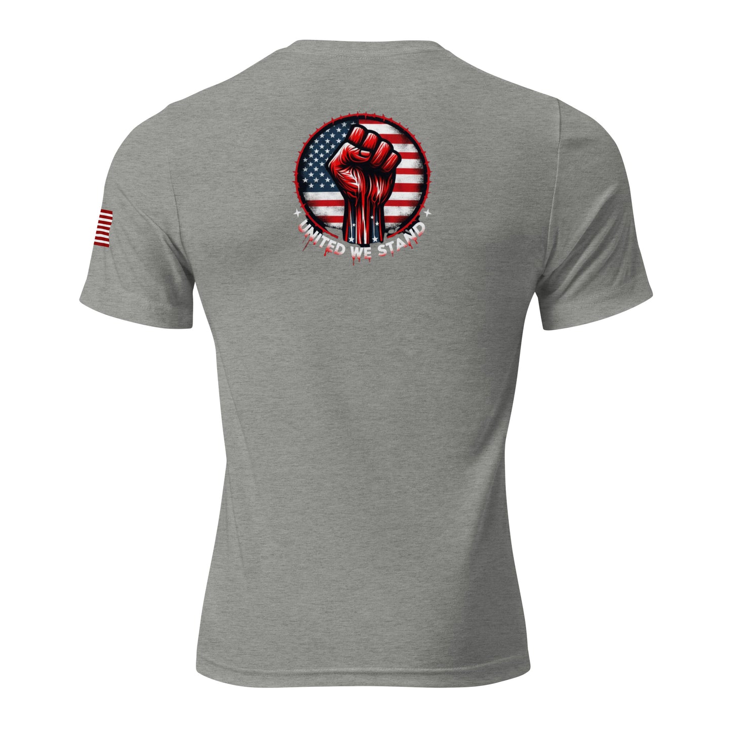 the back of a gray shirt with an american flag and a fist on it