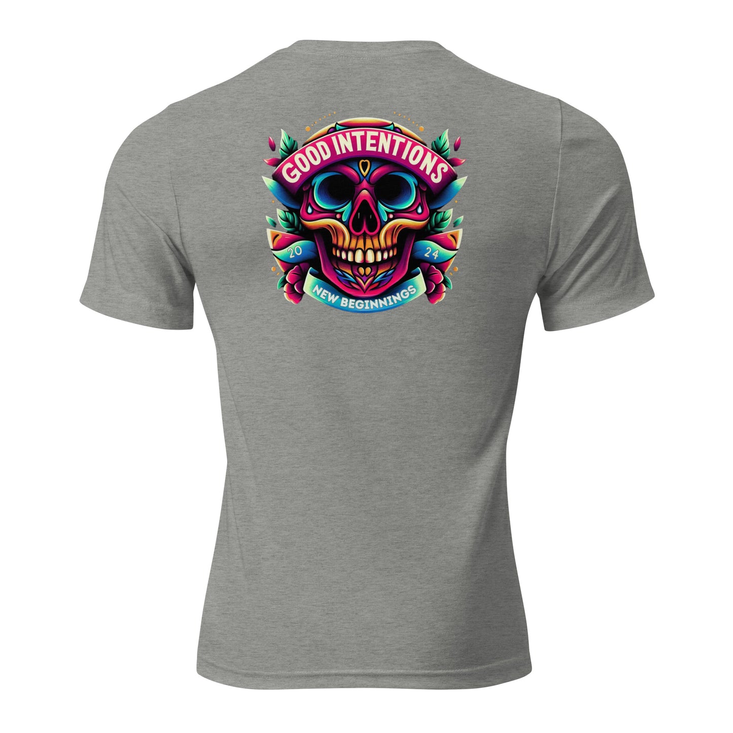 a grey t - shirt with a colorful skull on it