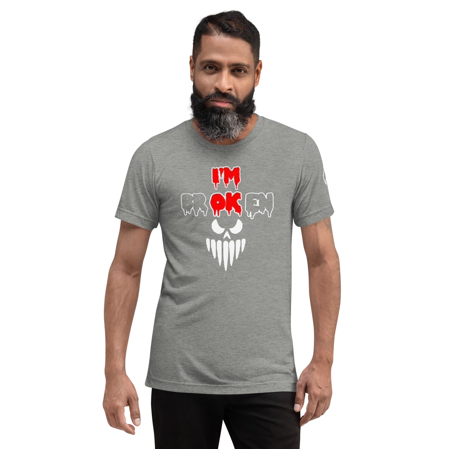 a man with a beard wearing a t - shirt that says i'm ok