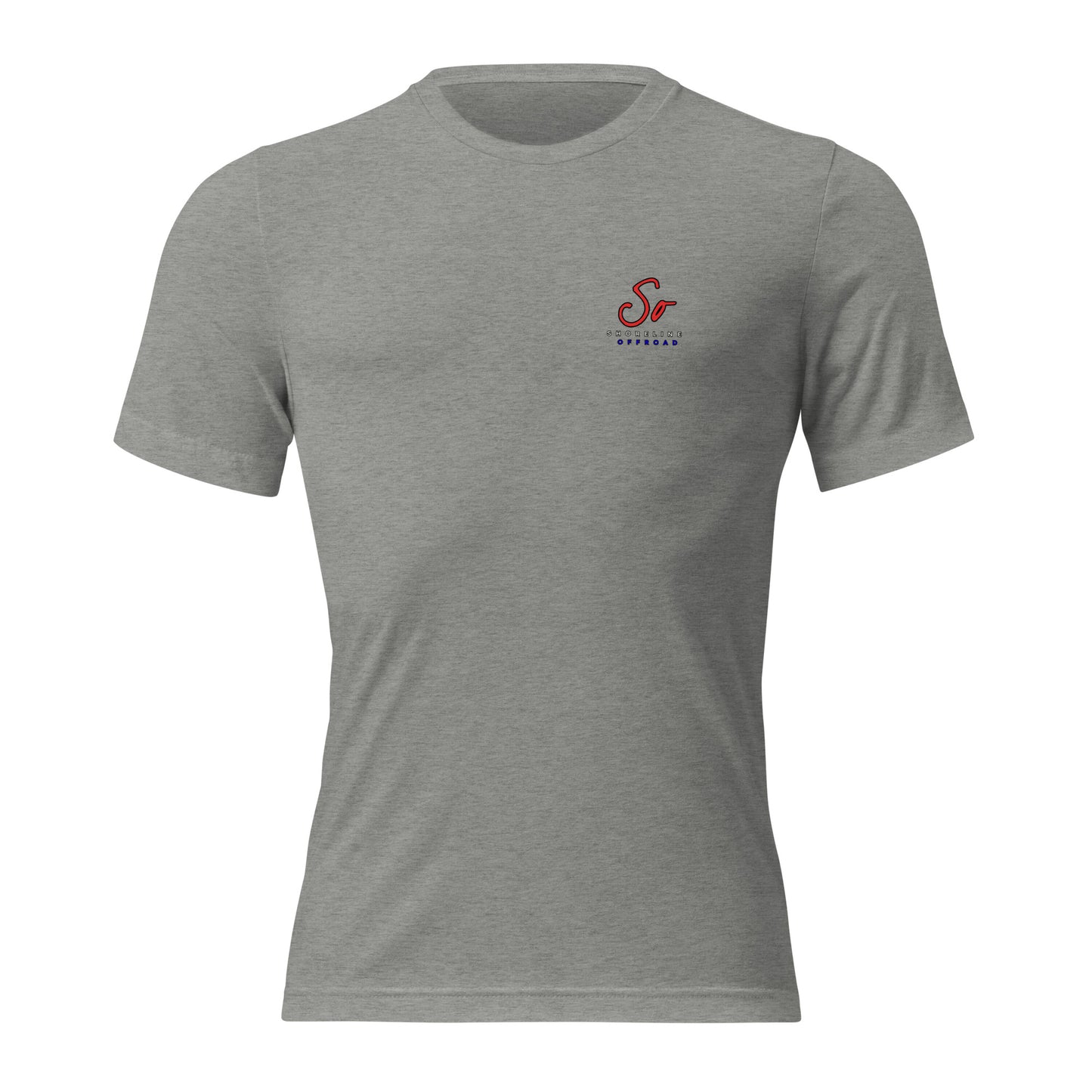 a grey t - shirt with a red and blue logo