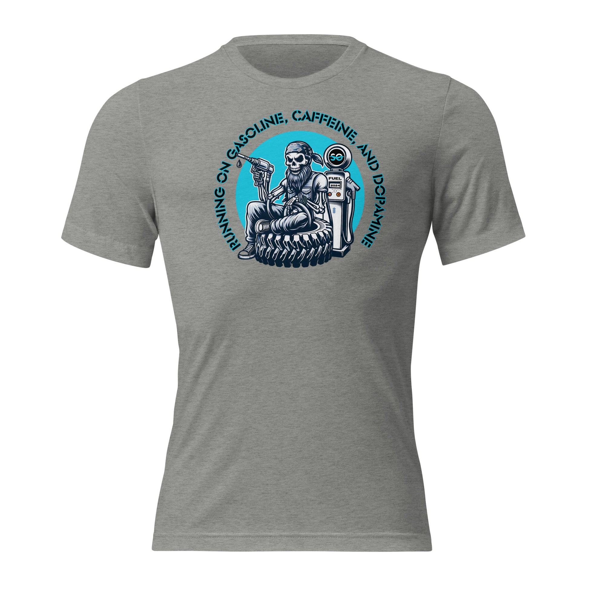 a grey t - shirt with a picture of a man on a motorcycle
