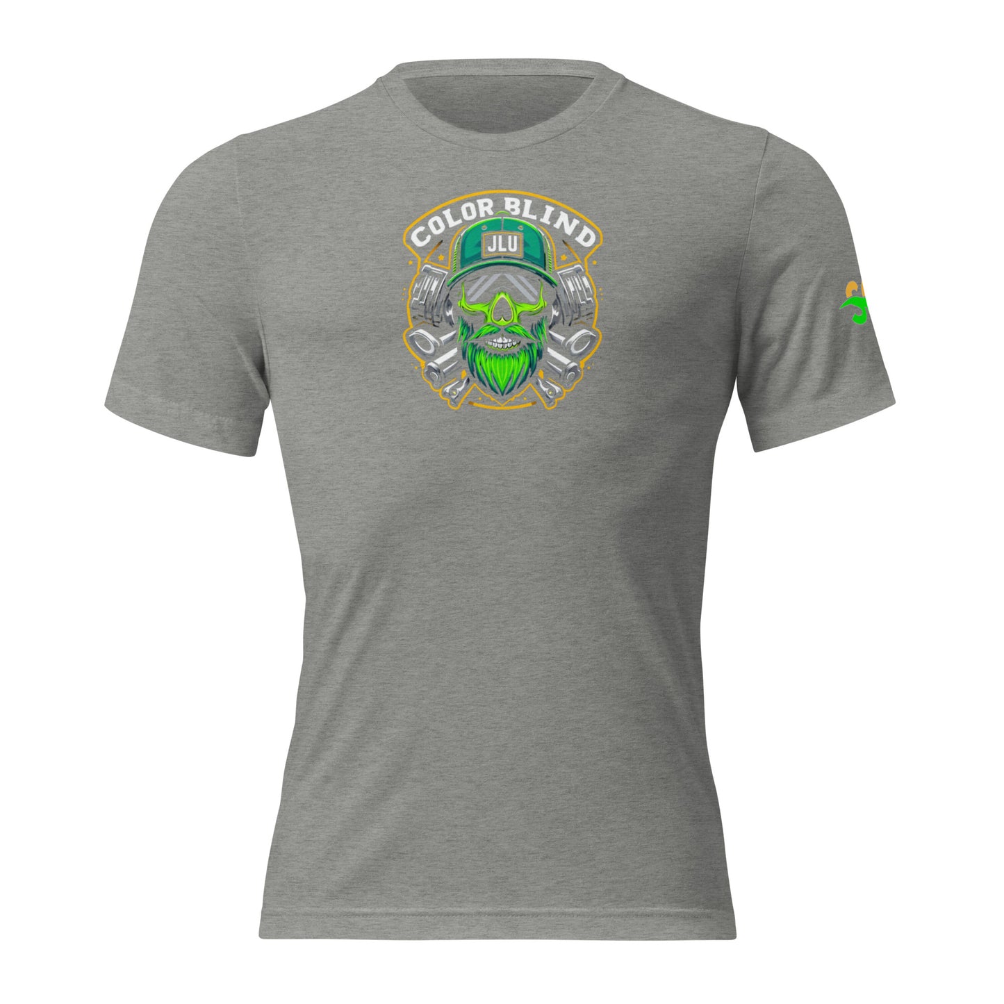 a grey t - shirt with a green skull on it