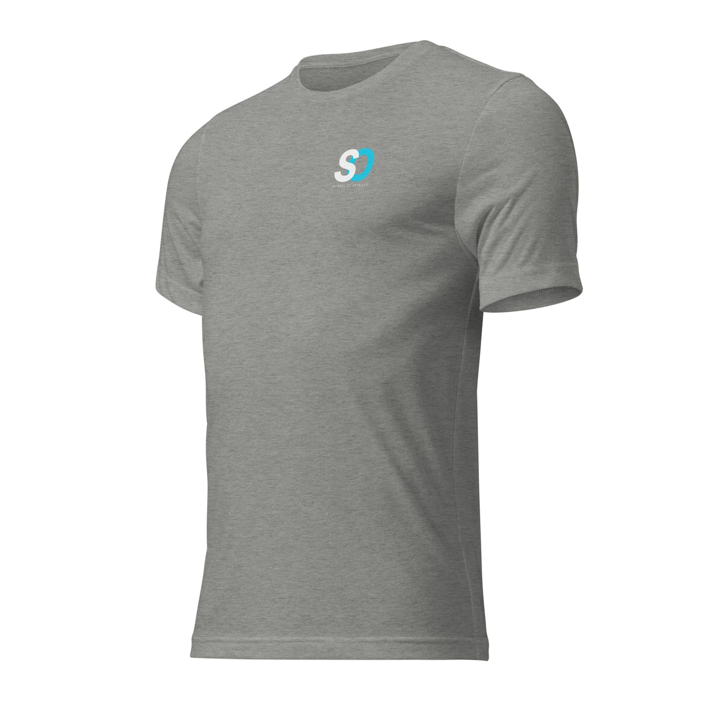 a grey t - shirt with a blue and white logo