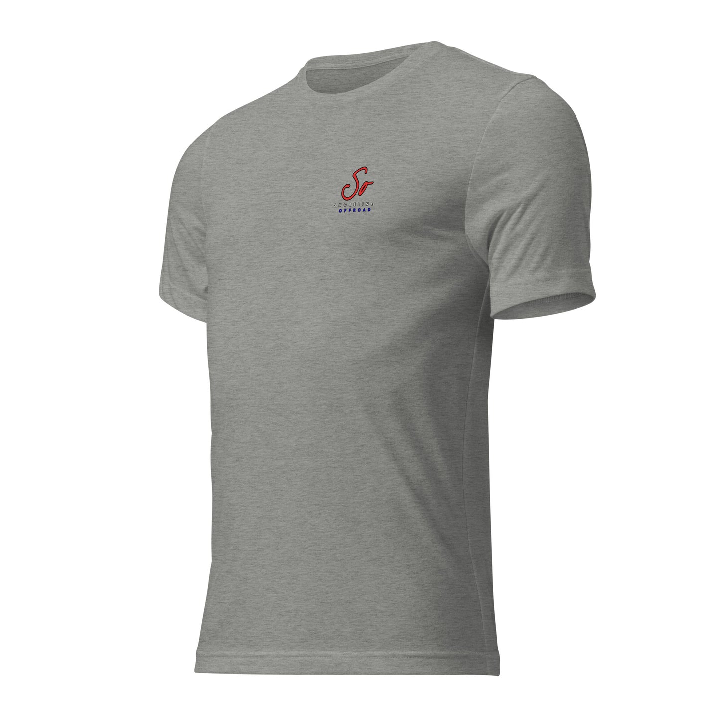 a grey t - shirt with a red and white logo