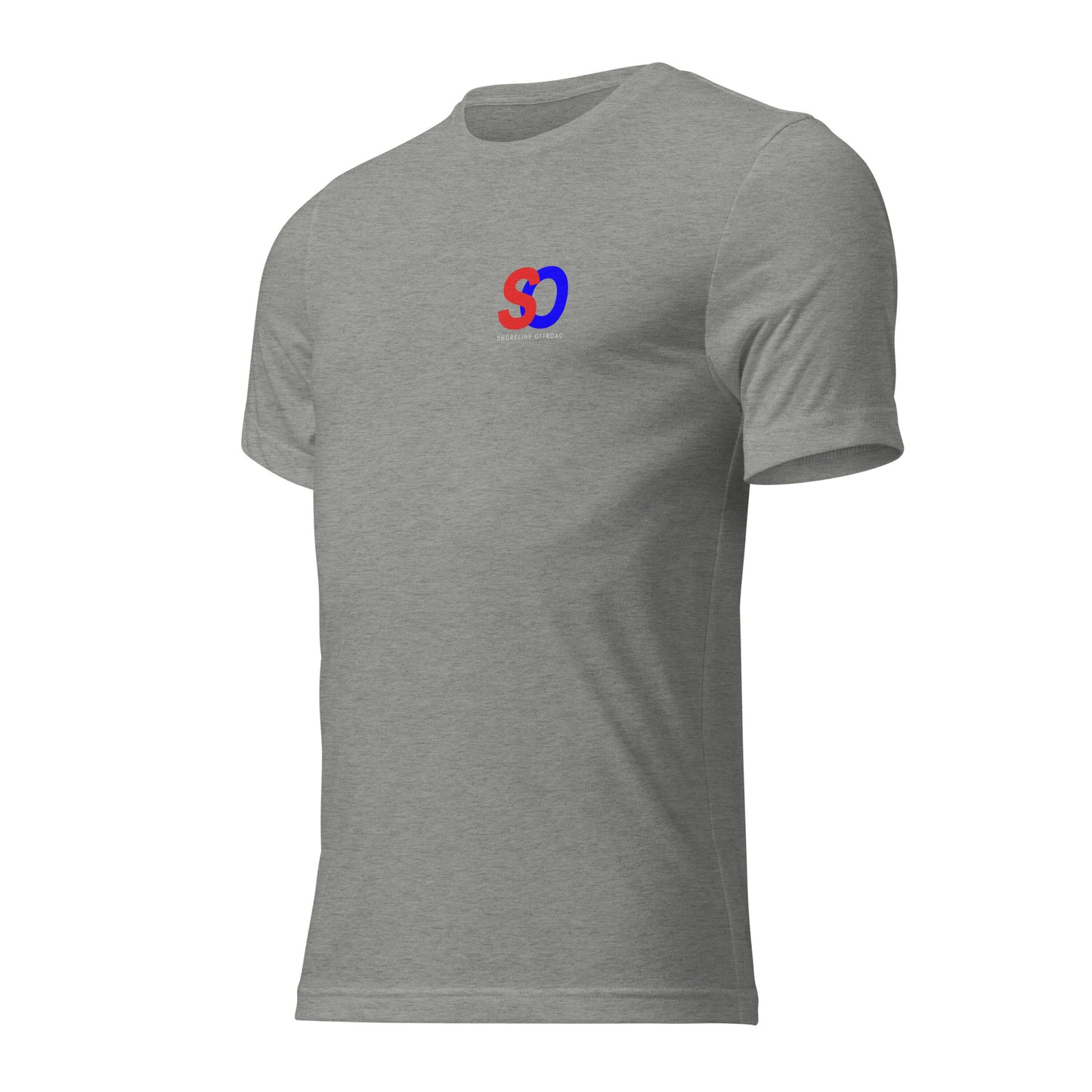 a grey t - shirt with a blue and red logo