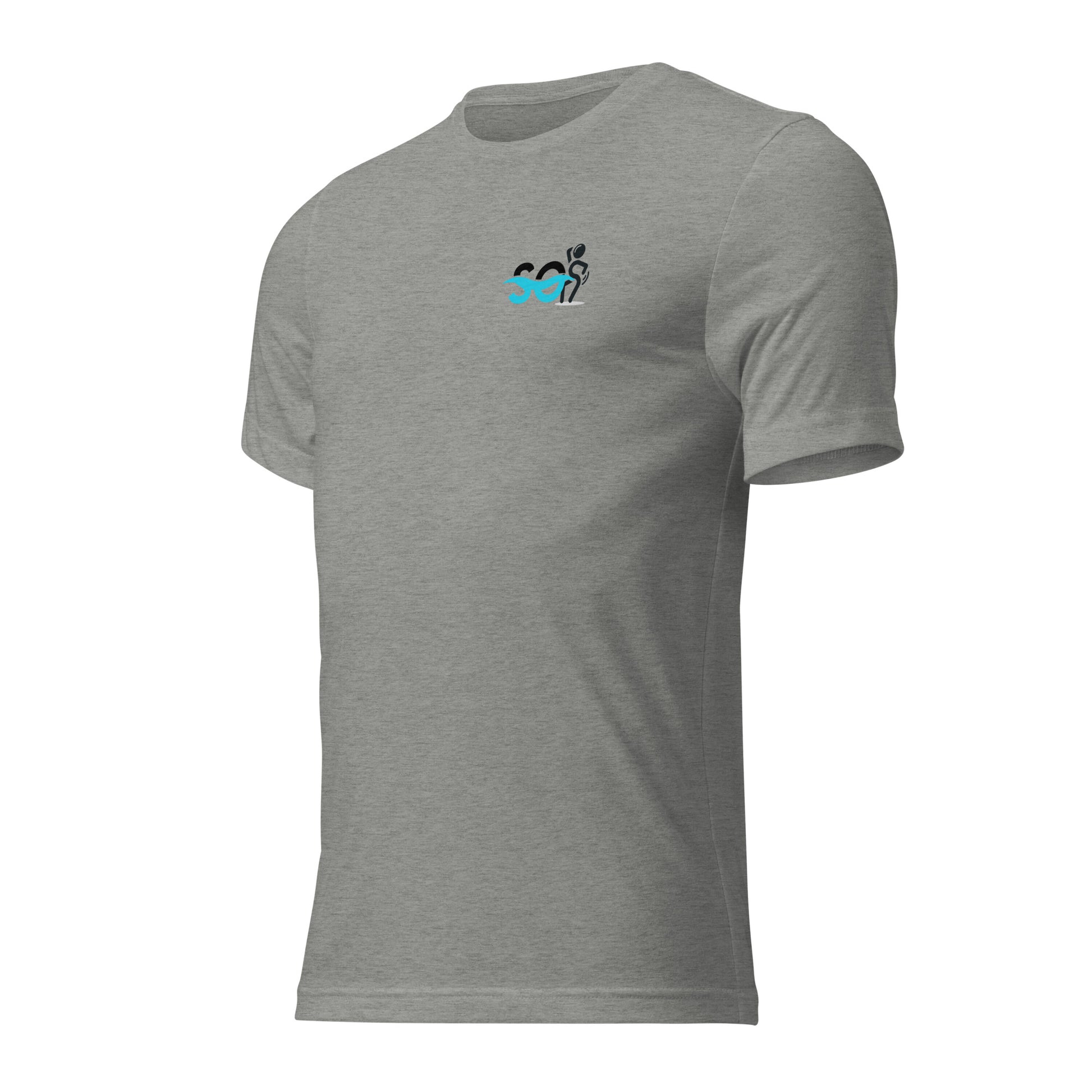 a grey t - shirt with a blue horse on it