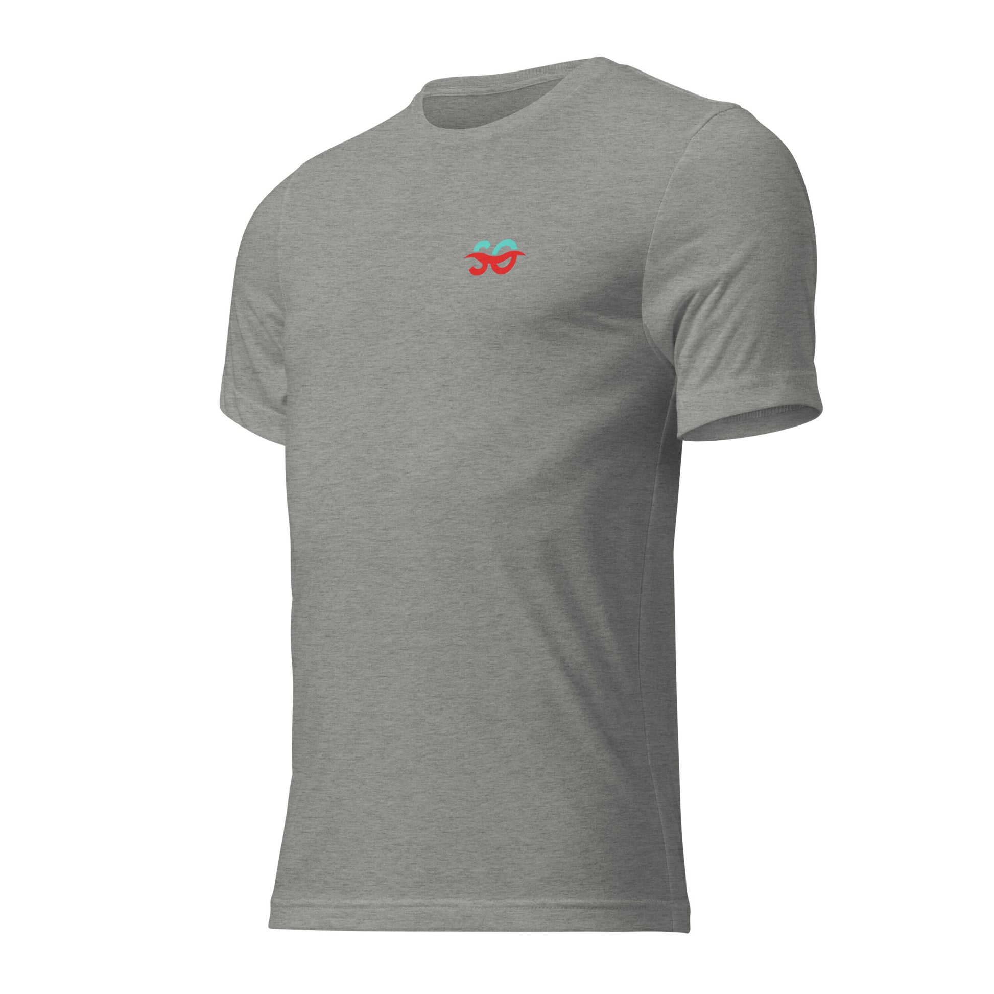 a grey t - shirt with a red heart on the chest