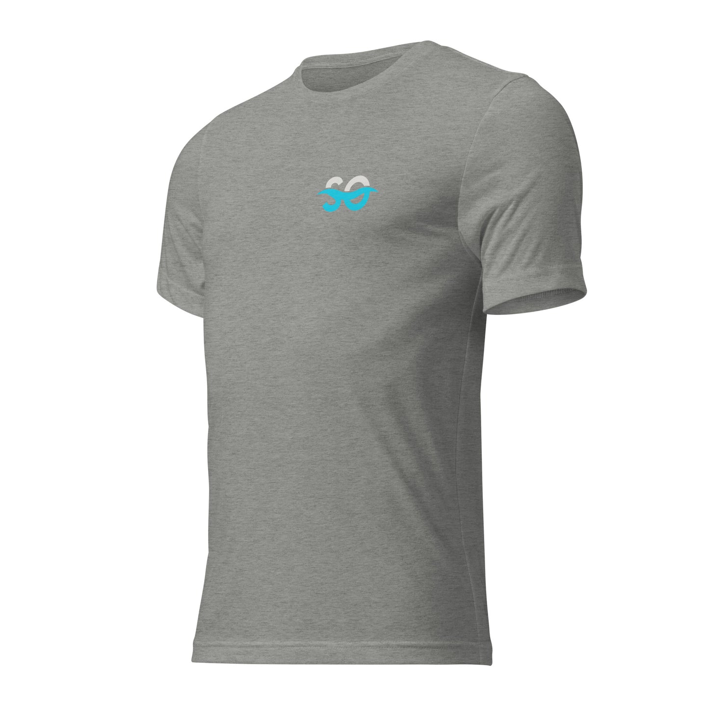 a grey t - shirt with a blue logo on the chest