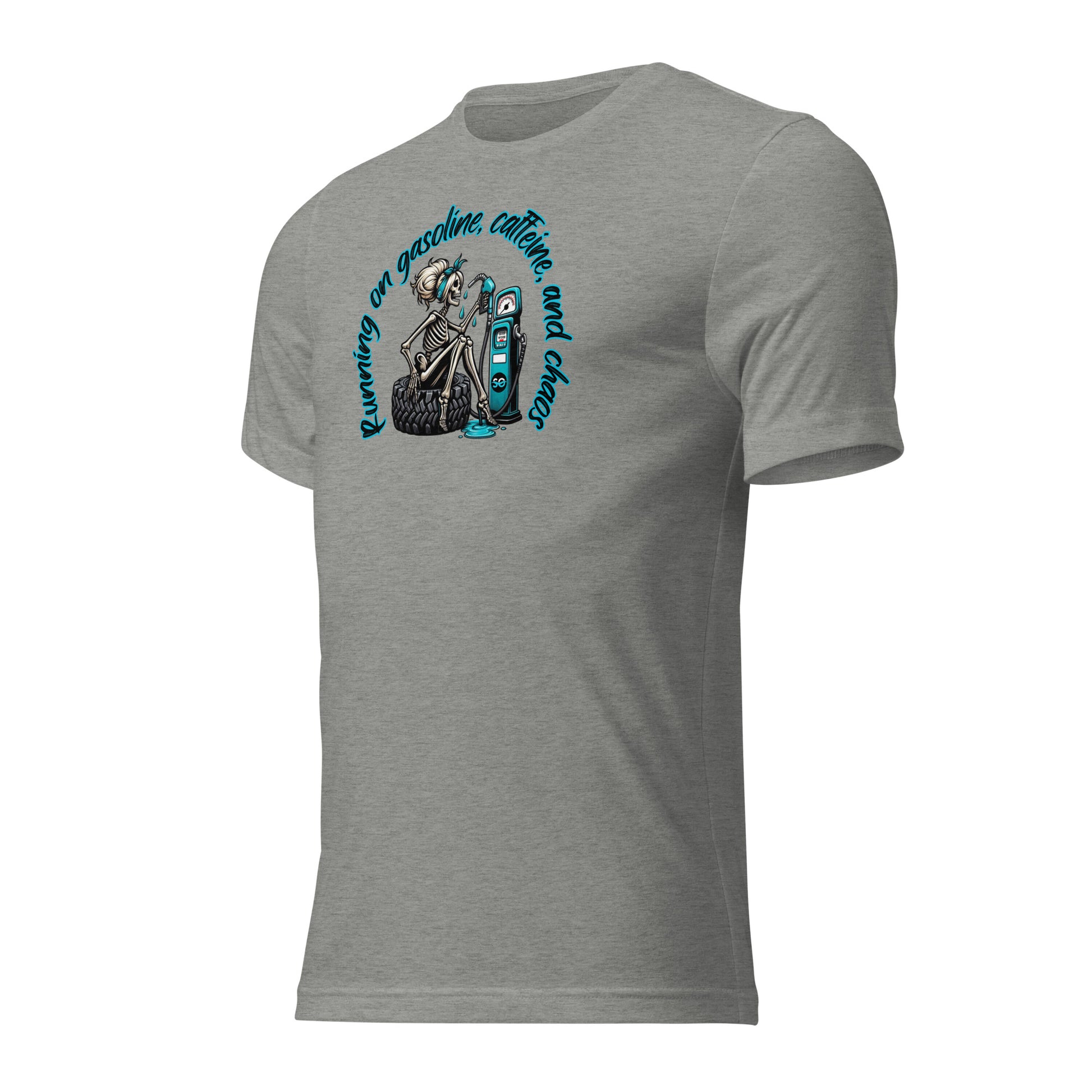 a grey t - shirt with a picture of a skeleton holding a sword