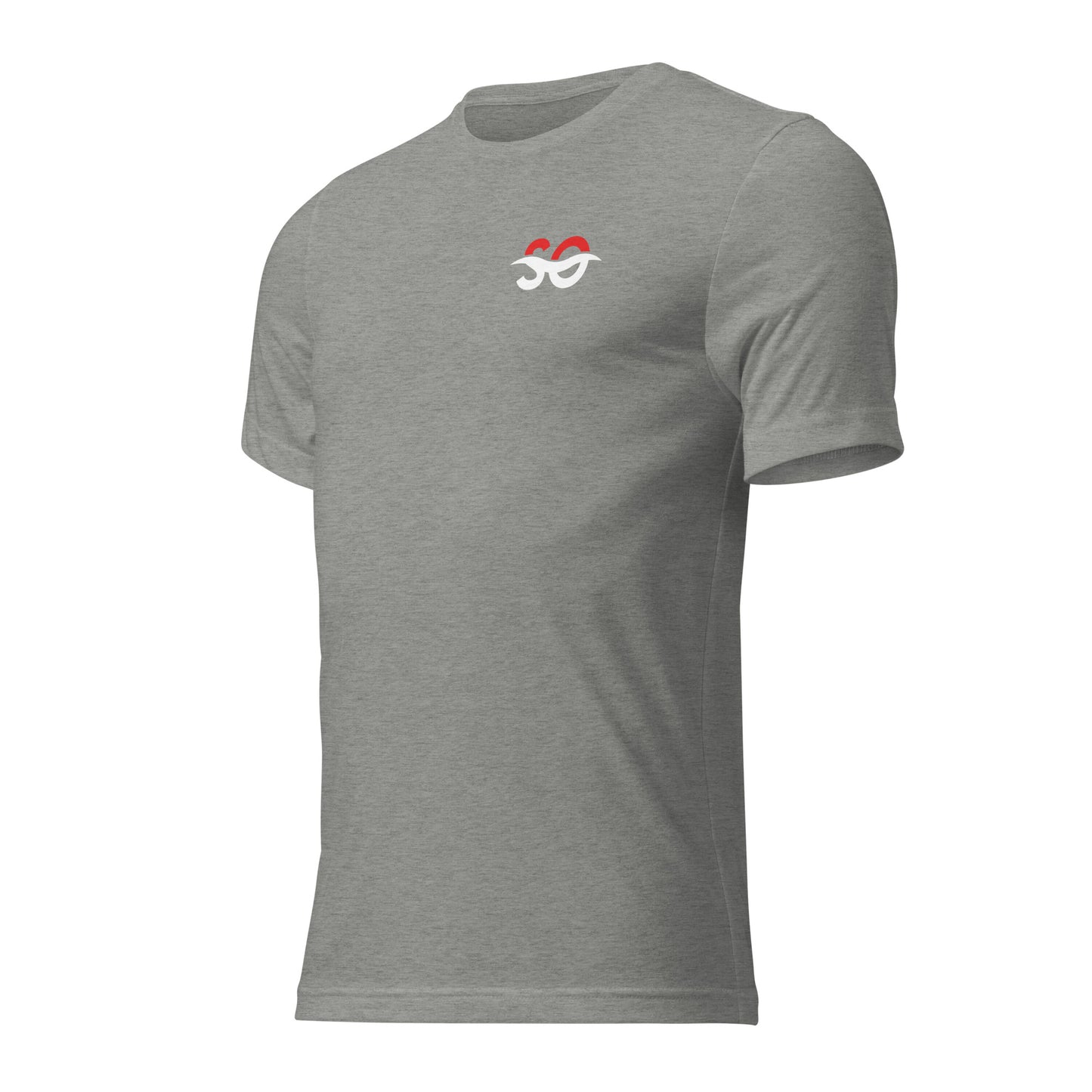 a grey t - shirt with a red and white logo